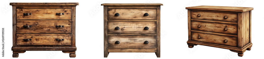 Set of a rustic wooden dresser with three drawers, isolated on transparent background. Set of a rustic wooden dresser with three drawers, isolated on transparent background.