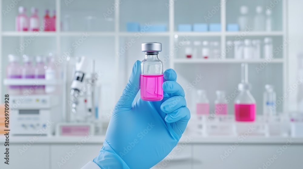 Fototapeta premium Gloved hand holding up a glass vial containing a glowing pink vaccine solution, with sterile laboratory equipment arranged methodically around it.