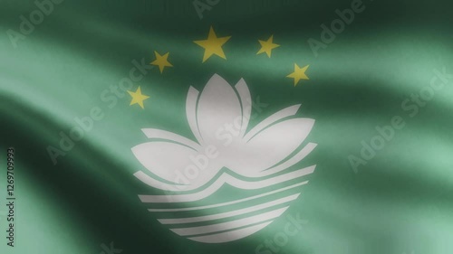 Macao Flag 4K, The Macau flag waves and flutters against a blue screen background in this animation. Displaying the national flag of Macau with a realistic fabric texture, this high-quality rendering 