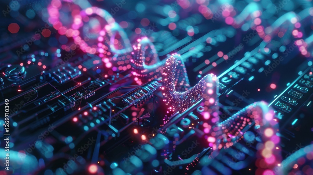 Obraz premium Abstract Representation of Digital Data Waves with Colorful Particles in a High-Tech Environment