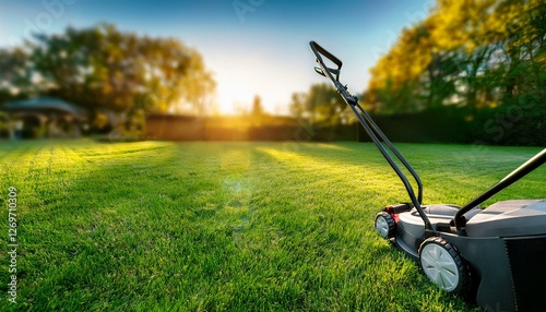 green lawn with freshly cut grass and a lawnmower standing on it mowed lawn with a blurred background of a well groomed area and a lawnmower with copy space