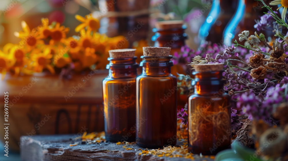 Vibrant arrangement of essential oil bottles surrounded by fresh herbs and colorful flowers in a natural setting. Vibrant arrangement of essential oil bottles surrounded by fresh herbs and colorful flowers in a natural setting.