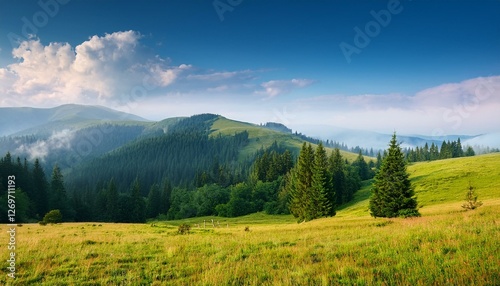 mountainous rural landscape of ukraine in summer picturesque highland woods grassy meadow on a misty morning carpathian countryside scenery with forest on a hill behind the pasture