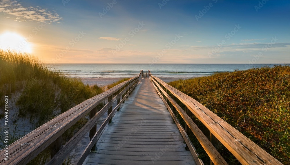 Fototapeta premium Generated image Long boardwalk leading to the white sand beach and ocean water at sunset with few shrubs
