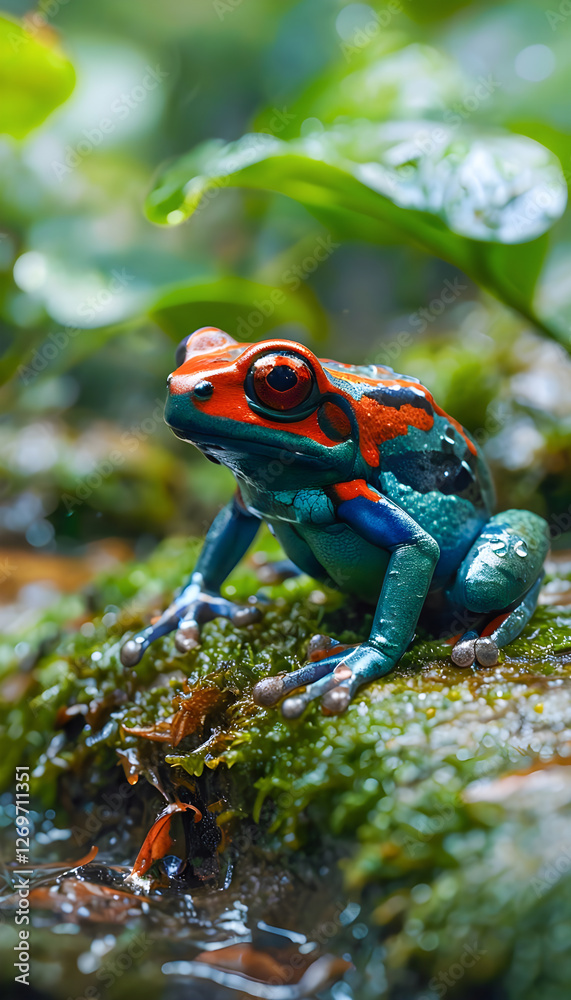 Close-Up of Colorful Frogs Resting on Mossy Leaves in a Lush Rainforest with Dew, Ferns, and Soft Natural Light Close-Up of Colorful Frogs Resting on Mossy Leaves in a Lush Rainforest with Dew, Ferns, and Soft Natural Light