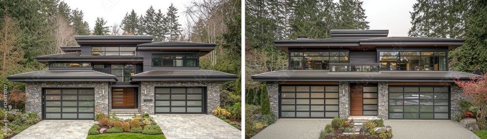 Two contemporary homes stand side by side in a wooded area Two contemporary homes stand side by side in a wooded area