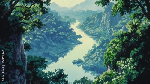 Serene River Valley Landscape: Lush Greenery, Majestic Mountains, Tranquil Waters Reflecting the Sky