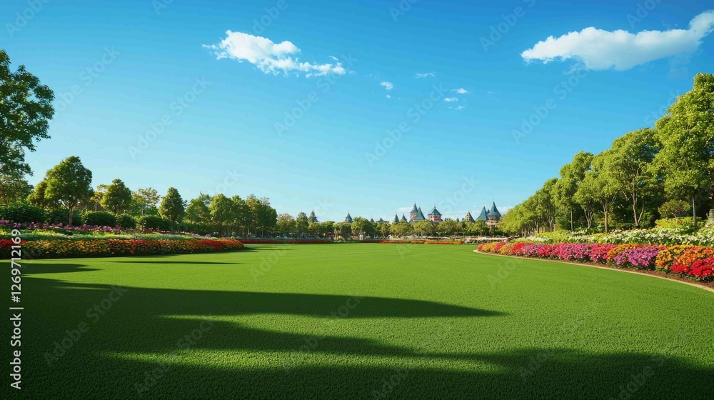 Lush Green Lawn with Neat Edges Under Clear Blue Sky Lush Green Lawn with Neat Edges Under Clear Blue Sky