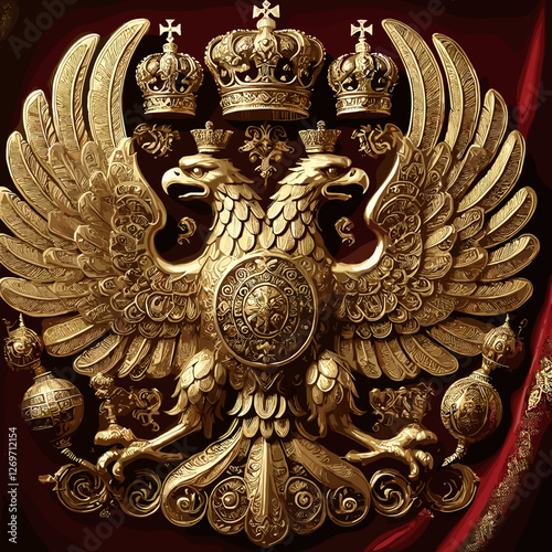 A majestic golden double-headed eagle emblem adorned with crowns, intricate engravings, and royal symbols, set against a rich red fabric background.