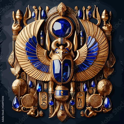 An ornate Egyptian scarab amulet adorned with gold and blue gemstones, featuring intricate hieroglyphs, wings, and sacred symbols of protection and rebirth.