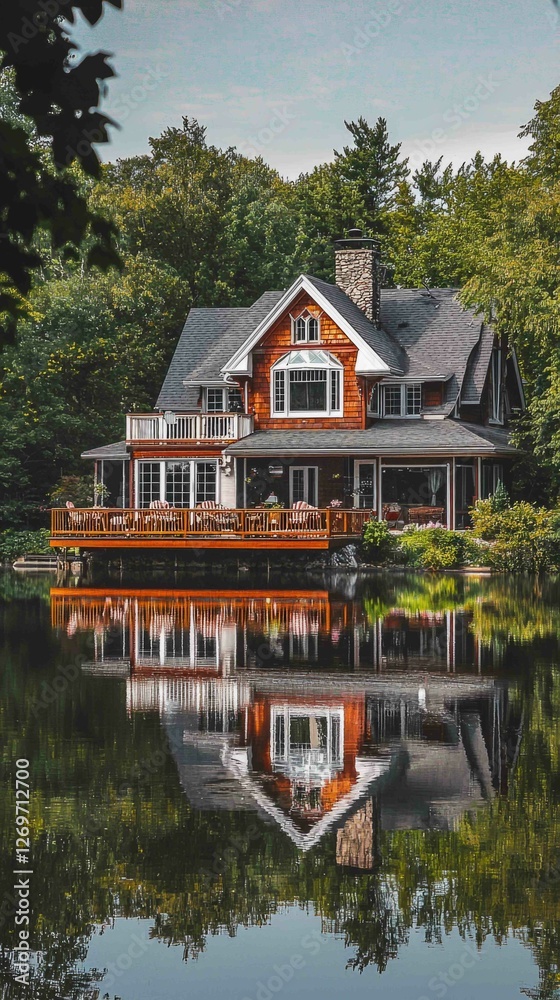 Obraz premium Picturesque Lakefront Home with Classic Exterior by Serene Waters