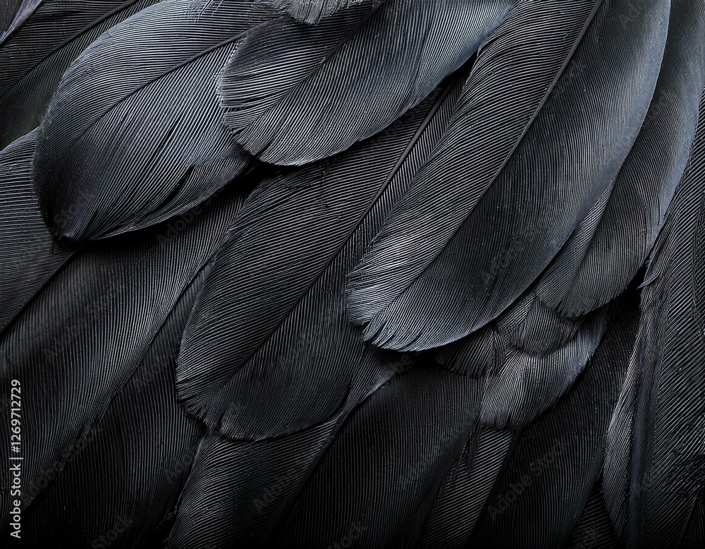 Obraz premium a close up photo of overlapping black bird feathers tender bird feathers background black feathers background black plume pattern wings feather texture with copy space
