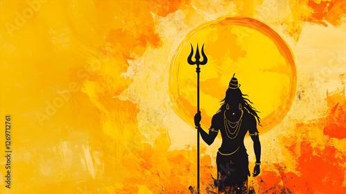 Lord Shiva silhouette with trident on big yellow sun for MahaShivratri. Illustration of Mahadev hindu god. Mythology, deity, trident, indian culture, lord shiva, mahadev, trishul, mahashivratri,
