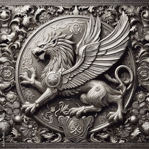 An intricately detailed bas-relief of a majestic griffin with outstretched wings, surrounded by ornate floral and heraldic patterns in a monochromatic metallic finish.