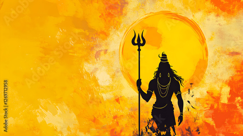 Lord Shiva silhouette with trident on big yellow sun for MahaShivratri. Illustration of Mahadev hindu god. Mythology, deity, trident, indian culture, lord shiva, mahadev, trishul, mahashivratri,