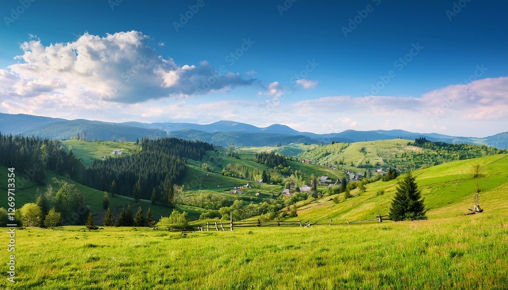carpathian countryside scenery with fields on the hills and village in the valley grassy meadow mountainous rural landscape of ukraine on a sunny day in spring travel background carpathian countryside scenery with fields on the hills and village in the valley grassy meadow mountainous rural landscape of ukraine on a sunny day in spring travel background
