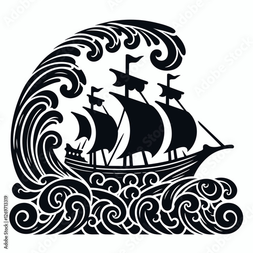 A bold black and white stylized illustration of a sailing ship with billowing sails navigating through giant, curling ocean waves.