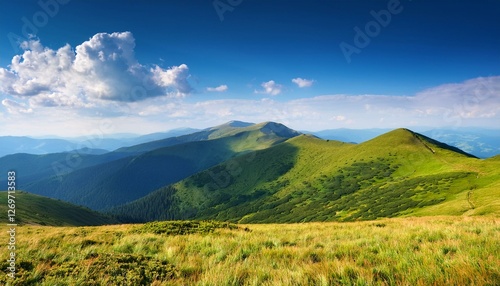 mountain landscape with meadow tranquil weather with blue sky above horizon beautiful view from alpine hill in summer borzhava ridge travel season