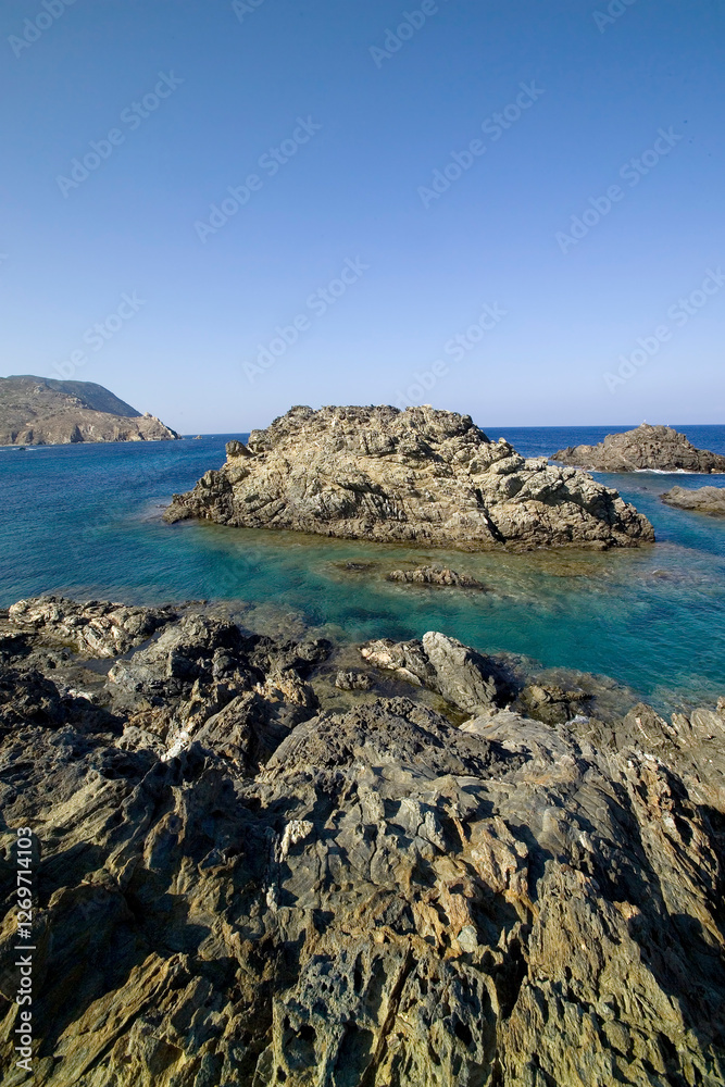 Fototapeta premium coast of the mediterranean sea, Shale cliffs at Narrows. Asinara National Park. Sassari. Sardinia. Italy. Asinara National Park