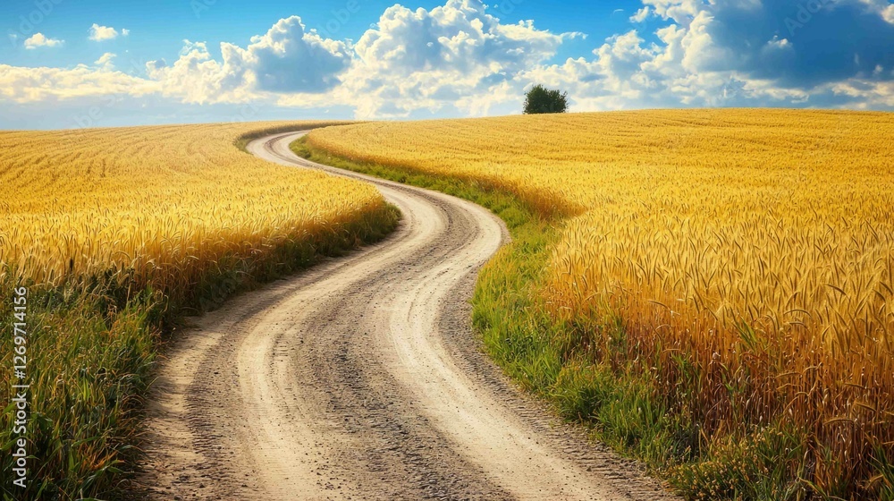 Fototapeta premium Serene Winding Country Road Through Golden Wheat Fields Under Blue Sky
