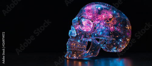 A stylized skull made of translucent material illuminated with blue and pink flowers. Gears are visible inside the skull.