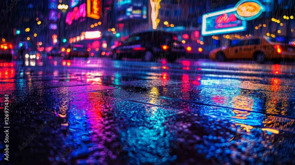 Obraz premium Rainy Day City Scene with Wet Asphalt Reflecting Neon Lights