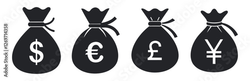 black silhouette of a Illustration of Money Bags with Different Currency Symbols