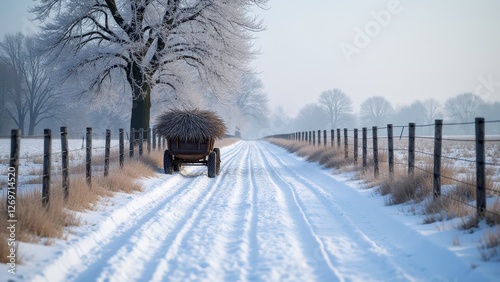 Winter tree pruning, Country lane snow fences wagon with branches photorealistic. photo