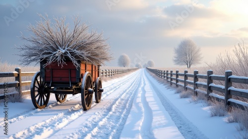 Winter tree pruning, Country lane snow fences wagon with branches photorealistic. photo