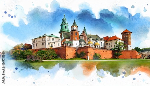 the royal castle on wawel hill in krakow poland and details related to this castle a card with polish descriptions made with watercolors and ink