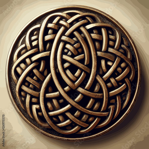 A circular metal medallion featuring an intricate, interwoven Celtic knot pattern with a bronze finish and a three-dimensional embossed design.