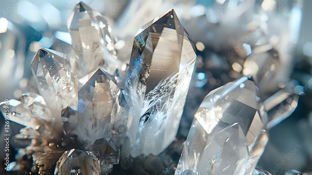 Clear quartz crystal cluster with sharp terminations and prismatic points in macro view against blurred blue background, mineral specimen photography. Clear quartz crystal cluster with sharp terminations and prismatic points in macro view against blurred blue background, mineral specimen photography.