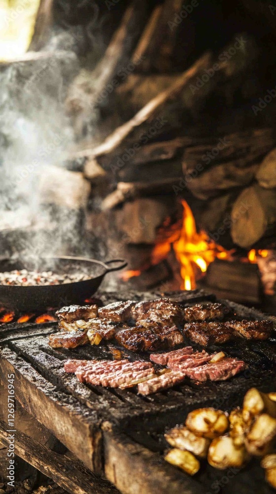 Rustic Country Scene with Wood Fired Grill and Charred Meat Rustic Country Scene with Wood Fired Grill and Charred Meat