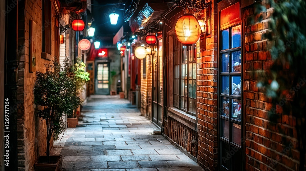Night alleyway, lantern-lit shops, brick buildings, Asian city, travel background Night alleyway, lantern-lit shops, brick buildings, Asian city, travel background