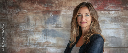 Portrait of a confident woman with long hair standing against a rustic wooden background, representing strength, self-assurance, and beauty in a natural setting. photo