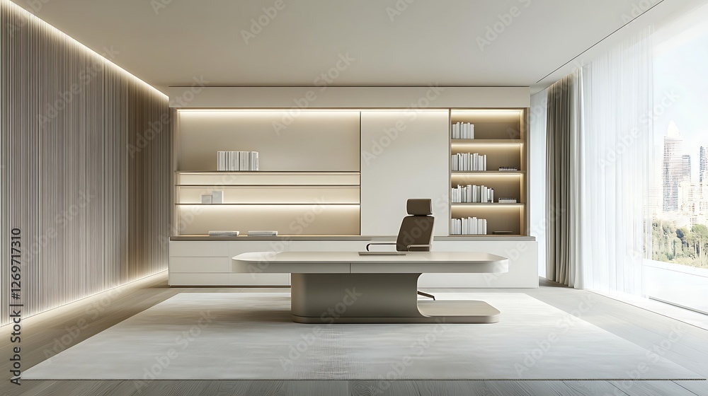 Modern Minimalist Office Design with Built in Shelving and Large Window Modern Minimalist Office Design with Built in Shelving and Large Window