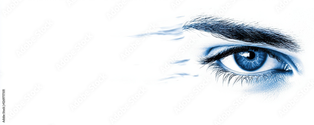 Fototapeta premium close up of blue eye with digital overlay, conveying sense of vision and perception. eye is detailed, showcasing iris and eyelashes, set against white background