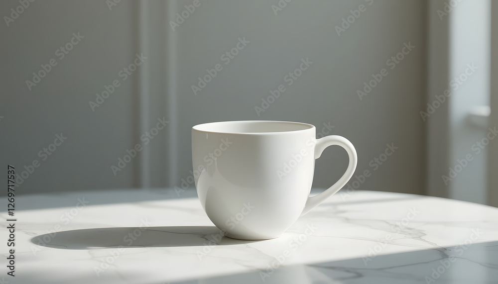 White Mug On Marble Tabletop In Sunlight White Mug On Marble Tabletop In Sunlight