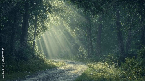 Dappled Forest Trail with Paved and Gravel Paths in Sunlight