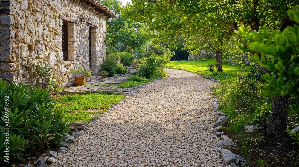 Rustic Gravel Pathway Leading to an Old Stone Cottage Rustic Gravel Pathway Leading to an Old Stone Cottage