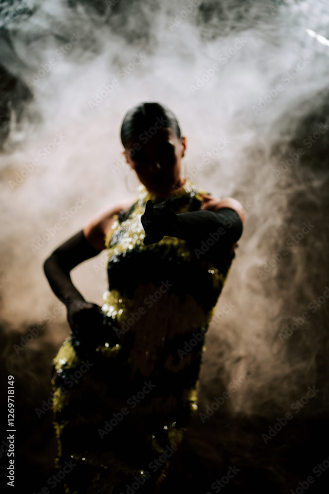 Obraz premium Dancing silhouette of a latina woman in smoke, showcasing bachata and rumba moves during an evening performance