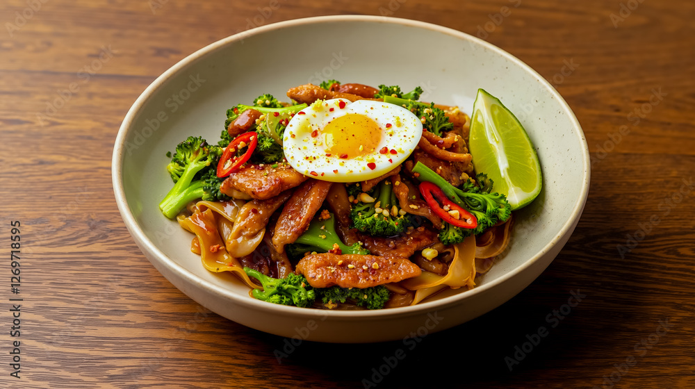 A bowl of noodles with chicken and broccoli with a hard boiled egg A bowl of noodles with chicken and broccoli with a hard boiled egg