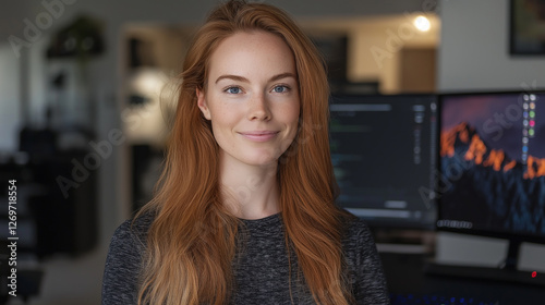 Free Download A woman with red hair is smiling in front of a computer monitor - GFXLoad
