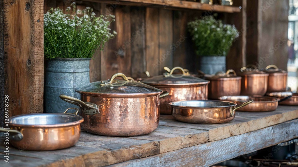 Rustic Outdoor Market Display of Copper Pots on Wooden Shelf Rustic Outdoor Market Display of Copper Pots on Wooden Shelf