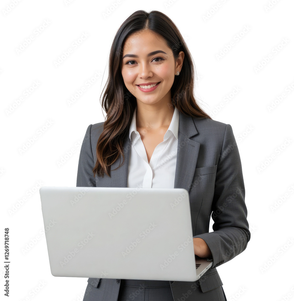 businesswoman with a laptop standing at copy space on a transparent PNG background. businesswoman with a laptop standing at copy space on a transparent PNG background.