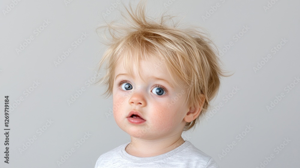 Toddler boy portrait, curious expression, neutral background, studio shot, for websites Toddler boy portrait, curious expression, neutral background, studio shot, for websites