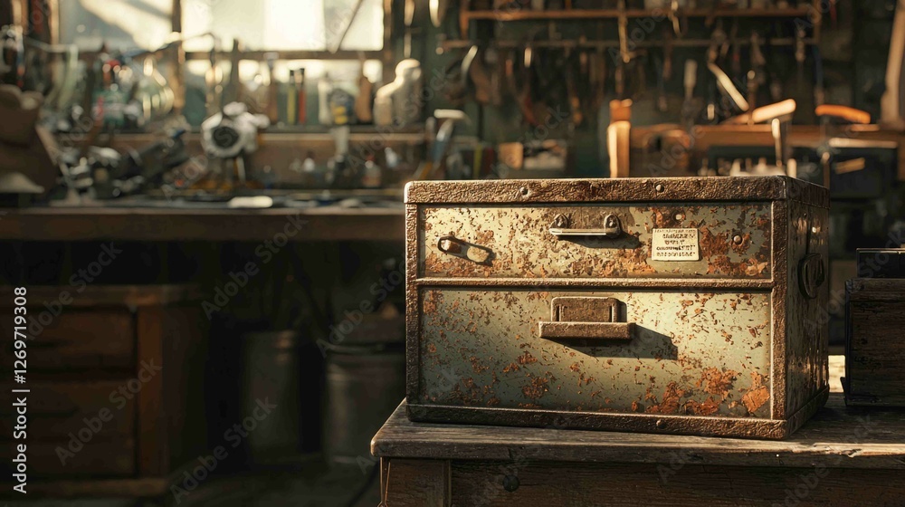 Rustic Scene Featuring Dented Metal Toolbox in Workshop Setting Rustic Scene Featuring Dented Metal Toolbox in Workshop Setting