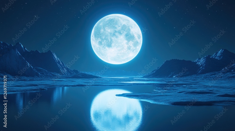 Full Moon Over Frozen Lake and Mountains at Night Full Moon Over Frozen Lake and Mountains at Night