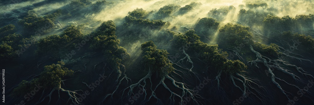 Fototapeta premium Aerial View of Mangrove Trees in Morning Mist
