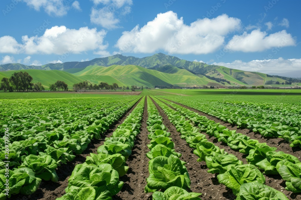 Cultivated field of lettuce growing in rows along the contour line skyscape. Neural network ai generated Cultivated field of lettuce growing in rows along the contour line skyscape. Neural network ai generated
